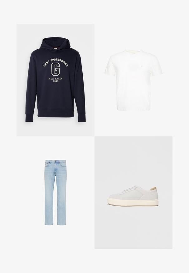 Dunkelblaues Hoodie aus Baumwolle, mit einer Vorderfronttasche, gerippten Bündchen und einem Grafikdruck mit "GANT SPORTSWEAR" und "NEW HAVEN 1949."; Weißes T-Shirt mit kurzen Ärmeln und Rundhalsausschnitt mit kleinem gesticktem "ck" Logo auf der linken Brust.; Hellblaue Straight-Leg-Jeans aus Denim mit vorderem Knopf, Reißverschluss und Fünf-Taschen-Design, gezeigt auf weißem Hintergrund.; Hellgraue Sneaker mit einer glatten Synthetik-Oberfläche, runder Spitze und einer strukturierten cremefarbenen Zwischensohle. Helle tanfarbene Akzente an der Ferse.