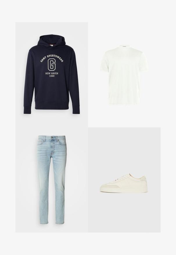 Dunkelblaues Hoodie aus Baumwolle, mit einer Vorderfronttasche, gerippten Bündchen und einem Grafikdruck mit "GANT SPORTSWEAR" und "NEW HAVEN 1949."; Weißes T-Shirt mit Rundhalsausschnitt aus weichem Stoff. Kurze Ärmel, keine Muster. Schlichtes Design mit geradem Saum und minimalen Details.; Helle blaue Jeans aus Denim, mit geradem Beinschnitt, mittelhoher Taille und dezentem Verblassen. Enthält fünf Taschen und einen Metallknopf.; Weiße Wildleder-Sneaker mit glatter Oberfläche, rundem Zehenbereich, flachem Schnürdesign und kontrastierenden, strukturierten Akzenten. Mit einem dezenten Logodetail versehen.