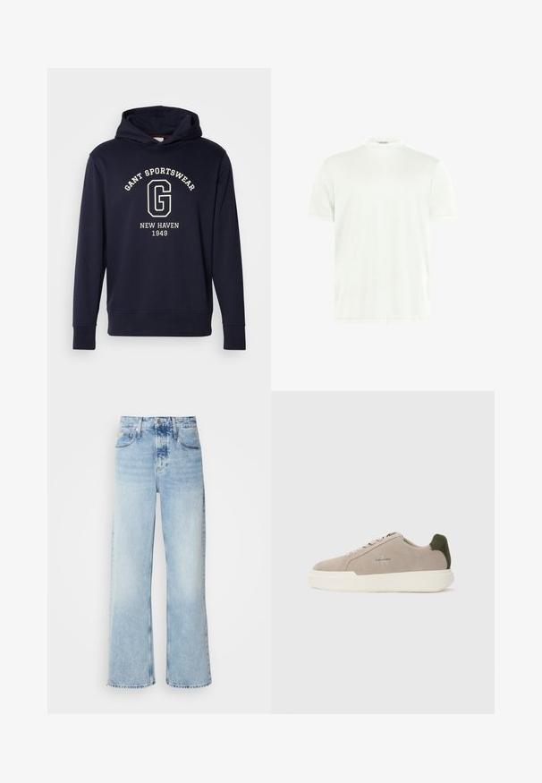 Mørkeblå hættetrøje lavet af bomuld, med en frontlomme, ribbede manchetter og et grafisk print med "GANT SPORTSWEAR" og "NEW HAVEN 1949."; Hvid crewneck T-shirt lavet af blødt stof. Korte ærmer, uden mønstre. Simpelt design med lige kant og minimal detaljer.; Lysblå vide jeans med høj talje, der har en falmet finish, bæltestropper og klassisk fem-lomme design. Kantene er rå.; Beige ruskinds sneakers med en hvid gummisål, der har en mørkegrøn hælaccent og subtil branding på siden.