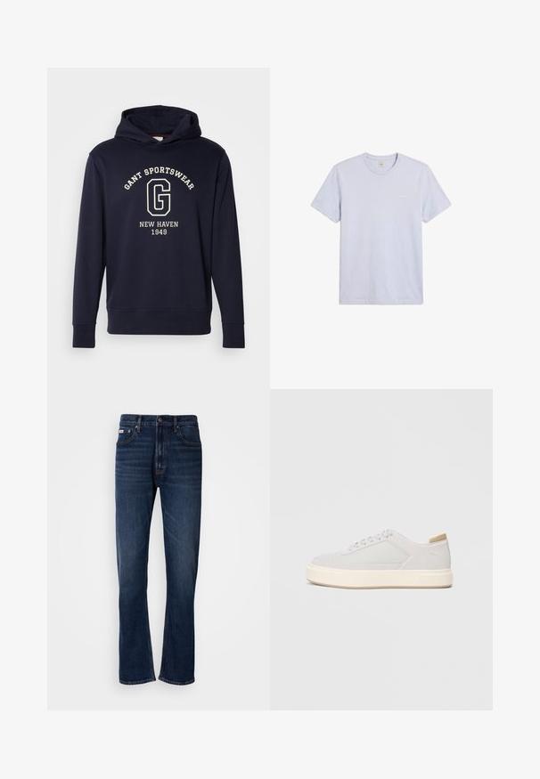 Mørkeblå hættetrøje lavet af bomuld, med en frontlomme, ribbede manchetter og et grafisk print med "GANT SPORTSWEAR" og "NEW HAVEN 1949."; Enkel lysegrå T-shirt med korte ærmer og rund hals, med lille hvid Calvin Klein-logo på venstre bryst.; Mørkeblå denim jeans med lige ben-design, der har fem lommer, lynlås og kontrastsyninger. Tekstureret stof med en glat overflade.; Lys grå sneakers med en glat syntetisk overdel, rund tå og en struktureret crème mellemsål. Lysebrune accenter på hælen.