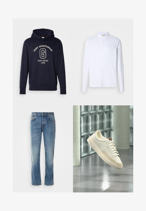 Dunkelblaues Hoodie aus Baumwolle, mit einer Vorderfronttasche, gerippten Bündchen und einem Grafikdruck mit "GANT SPORTSWEAR" und "NEW HAVEN 1949."; Langärmliges weißes Polohemd aus weichem Stoff, mit klassischem Kragen, Drei-Knopf-Leiste und dezentem Logo auf der Brust.; Helle blaue Jeans aus Denim mit geraden Beinen, fünf Taschen, kontrastierenden Nähten und einem abgewetzten Finish. Verfügt über einen Knopf- und Reißverschluss.; Weißer Low-Top-Sneaker mit beigen Akzenten und Schnürsenkeln, markiert mit „BOSS“, schwebt über einem polierten Boden vor einer Glasbausteinwand.
