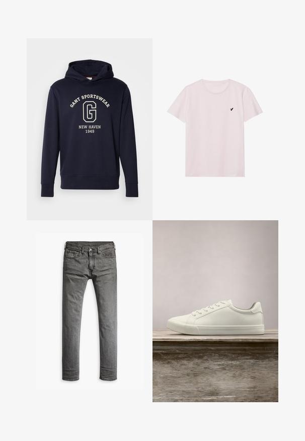 Námornícky modrá mikina s kapucňou vyrobená z bavlny, s prednou vreckom, rebrovanými manžetami a grafikou s nápisom "GANT SPORTSWEAR" a "NEW HAVEN 1949."; Svetloružové bavlnené tričko s krátkymi rukávmi, okrúhlym výstrihom a malým čiernym logom vtáka na ľavej strane hrudi.; Šedé džíny z denimu so strmým strihom, piatimi vreckami a klasickým gombíkovým zapínaním. Má jemné blednutie a hladkú textúru.; Biele šnurovacie tenisky sa vznášajú nad drevenou lavicou so zeleným porastom v pozadí, predvádzajúc design a textúru topánok.