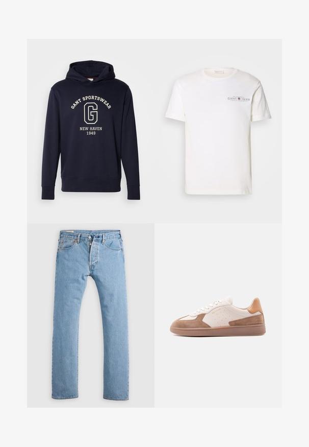 Námornícky modrá mikina s kapucňou vyrobená z bavlny, s prednou vreckom, rebrovanými manžetami a grafikou s nápisom "GANT SPORTSWEAR" a "NEW HAVEN 1949."; Biela bavlnená tričko s okrúhlym výstrihom, krátkymi rukávmi a potlačeným logom. Má minimalistický dizajn a voľný strih.; Svetlomodré rovné džínsy s gombíkovým zapínaním, pútkami na opasok a prednými a zadnými vreckami, zobrazené na bielom pozadí.; Biela a béžová nízka teniska s semišovými prvkami, perforovanými stranami, bielymi šnúrkami a texturovanou gumovou podrážkou, zobrazená z boku na bielom pozadí.