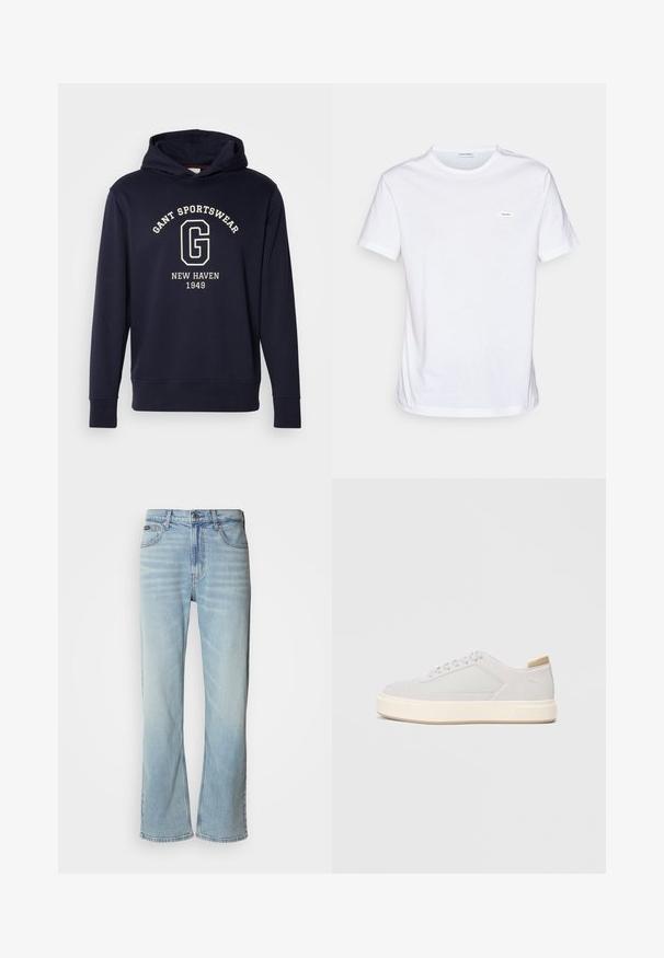 Mørkeblå hættetrøje lavet af bomuld, med en frontlomme, ribbede manchetter og et grafisk print med "GANT SPORTSWEAR" og "NEW HAVEN 1949."; Hvid bomulds t-shirt med korte ærmer, rund halsudskæring og et lille mærke på brystet. Glat tekstur og minimalistisk design.; Lyseblå denimjeans med lige ben, der har fem lommer, knaplukning og en subtil falmning på stoffet.; Lys grå sneakers med en glat syntetisk overdel, rund tå og en struktureret crème mellemsål. Lysebrune accenter på hælen.