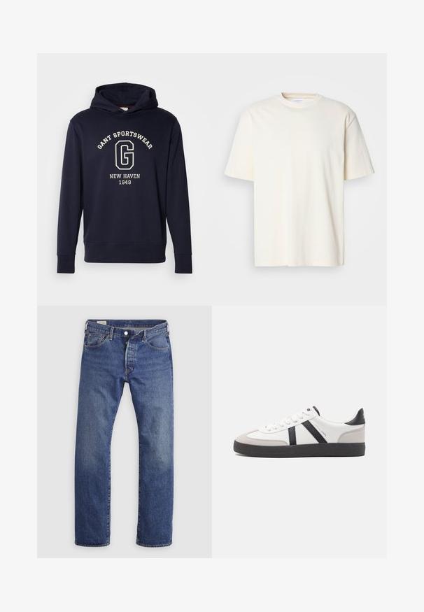 Dunkelblaues Hoodie aus Baumwolle, mit einer Vorderfronttasche, gerippten Bündchen und einem Grafikdruck mit "GANT SPORTSWEAR" und "NEW HAVEN 1949."; Ein einfarbiges, off-white T-Shirt mit kurzen Ärmeln und Rundhalsausschnitt, unisex Design, auf einem neutralen grauen Hintergrund präsentiert.; Blaue Denim-Jeans mit geradem Bein, klassischem Fünf-Taschen-Design und Knopfleiste auf einfarbigem Hintergrund.; Weiße Sneaker mit schwarz- und grau-aczenten, ausgestattet mit einer strukturierten grauen Zehenkappe, schwarzer Gummi-Sohle und flachen weißen Schnürsenkeln. Sauberes Design, minimalistische Stil.