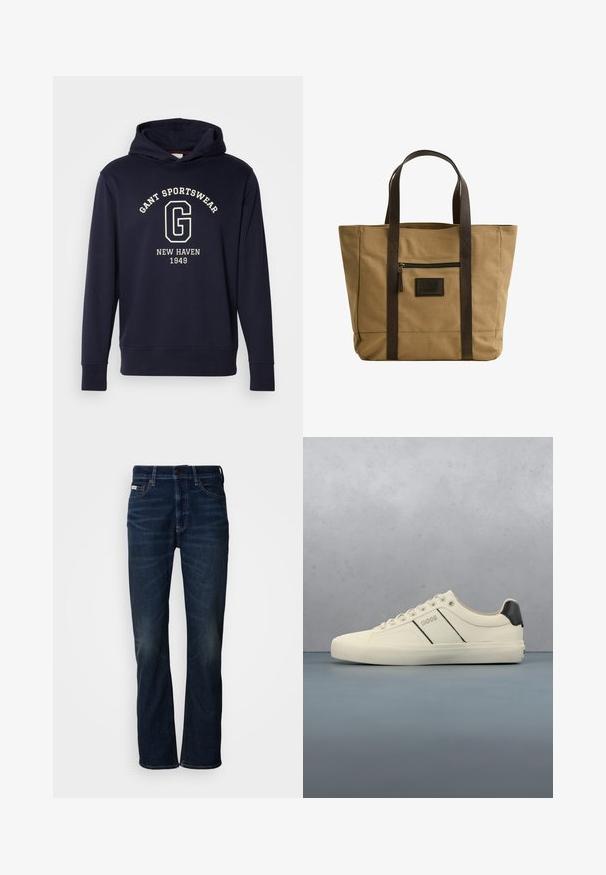 Dunkelblaues Hoodie aus Baumwolle, mit einer Vorderfronttasche, gerippten Bündchen und einem Grafikdruck mit "GANT SPORTSWEAR" und "NEW HAVEN 1949."; Dunkelblaue Denim-Jeans mit geradem Bein, die dezente Ausbleichungen, einen Knopfverschluss und den klassischen Fünf-Taschen-Stil aufweisen.; Cremfarbene Sneaker mit glatter Oberfläche, die schwarze Akzente und Markenlogo aufweisen. Klassisches Schnürdesign mit runder Zehenform und Gummisohle.; Beige Canvas-Shopper mit dunkelbraunen Ledergriffen und vorderer Reißverschlusstasche, rechteckige Form und Etikettenpatch unter dem Reißverschluss.