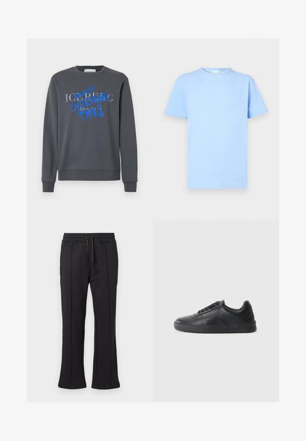 Iceberg FELPA - Sweatshirt - grigio scuro; Lyseblå kortærmet t-shirt lavet af blødt stof. Rund halsudskæring, lige kant og minimal tekstur. Ingen mønstre eller detaljer.; Sorte sweatpants med et design i flared ben, der har to sidelommer med lynlås og en justerbar snor i taljen. Glat tekstur og minimal branding.; Sorte lædersneakers med en glat finish, rund tå, struktureret sidelæder og sorte snørebånd. Har en flad gummisål og et minimalistisk design.