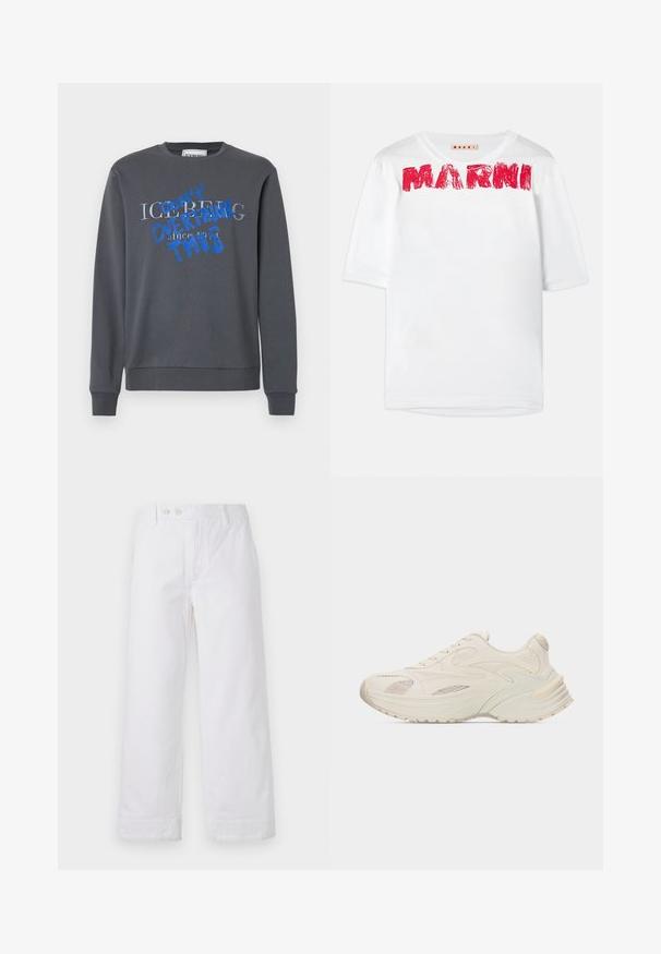 Iceberg FELPA - Sweatshirt - grigio scuro; Hvid kortærmet t-shirt med bred rund halsudskæring og trykt "MARNI" logo i rød, med en let struktureret stof.; Hvide bomulds bukser med vidde og høj talje, der har knaplukning og ombukket kant. Glat tekstur og klassisk design.; Atletiksneakers i cremefarve med lag af læder og mesh-paneler, tyk sål med tekstureret mønster og snørelukning.