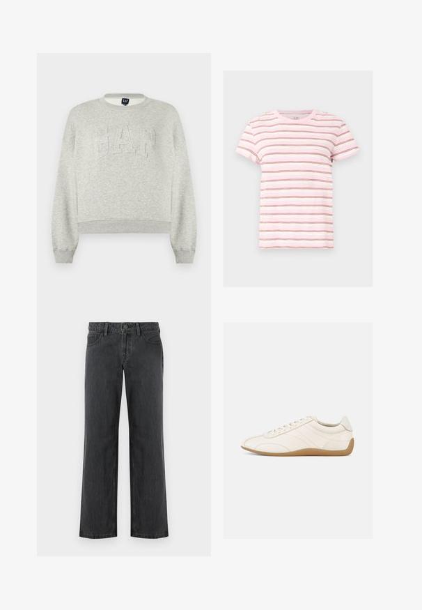 Sweat-shirt gris clair à col ras du cou avec "GAP" embossé sur la poitrine, poignets et ourlet côtelés, présenté sur un fond blanc.; T-shirt à manches courtes rose et blanche avec de fines rayures horizontales marron, encolure ronde et coupe décontractée.; Jeans gris foncé à jambes larges en denim, avec une ceinture standard, cinq poches et une fermeture à bouton. Texture lisse et coutures uniformes.; Baskets en cuir blanc à texture lisse, bout arrondi et coutures ton sur ton. Elles comportent une semelle en caoutchouc beige et une fermeture à lacets.