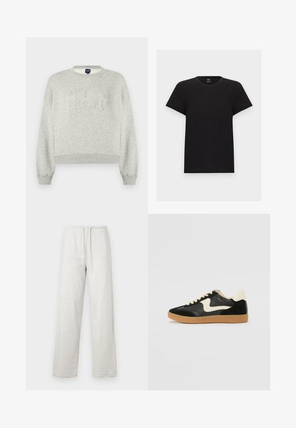 Sweat-shirt gris clair à col ras du cou avec "GAP" embossé sur la poitrine, poignets et ourlet côtelés, présenté sur un fond blanc.; T-shirt noir en coton à manches courtes avec col rond, vue de face, design uni, étiquette de la marque GAP à l'intérieur du col.; Pantalon de jogging gris clair avec taille élastique et cordon de serrage, coupe à jambe droite, présenté à plat sur un fond blanc.; Baskets en daim et cuir noir avec un swoosh latéral crème et un talon crème clair. Dotées de lacets beige et d'une semelle en caoutchouc gomme.