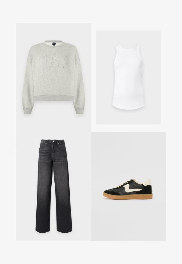 Sweat-shirt gris clair à col ras du cou avec "GAP" embossé sur la poitrine, poignets et ourlet côtelés, présenté sur un fond blanc.; Débardeur blanc côtelé sans manches avec encolure ronde et ourlet arrondi, présenté sur un fond gris clair uni.; Jean en denim noir taille haute à jambes droites avec poches avant, passants de ceinture, bouton et fermeture éclair sur fond blanc.; Baskets en daim et cuir noir avec un swoosh latéral crème et un talon crème clair. Dotées de lacets beige et d'une semelle en caoutchouc gomme.