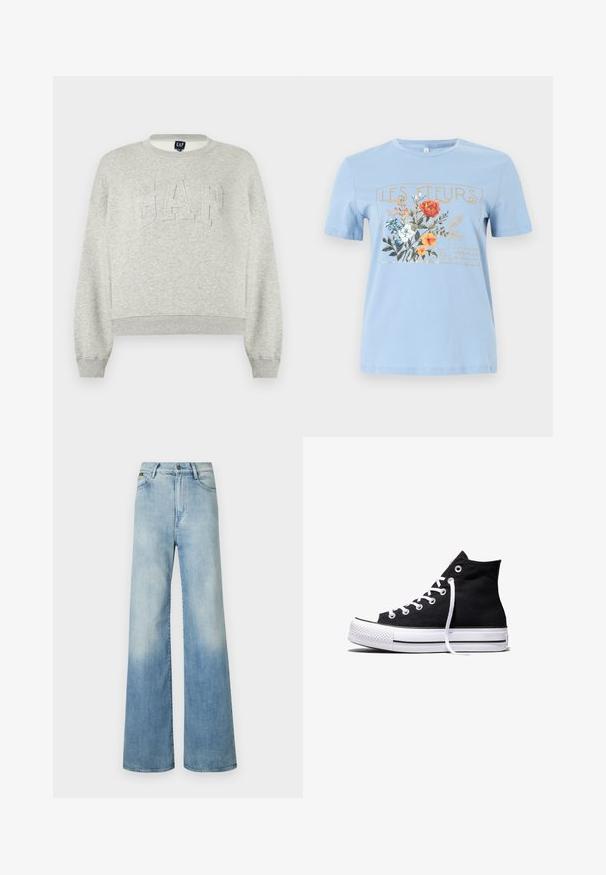 Sweat-shirt gris clair à col ras du cou avec "GAP" embossé sur la poitrine, poignets et ourlet côtelés, présenté sur un fond blanc.; T-shirt bleu clair à manches courtes avec un motif floral et le texte "LES FLEURS" en or au-dessus de fleurs orange, blanches et bleues.; Jean large en denim bleu clair, avec taille haute, conception à cinq poches et un léger dégradé le long des jambes.; Baskets montantes en toile noire avec semelle en caoutchouc blanche et lacets blancs, vues de côté sur un fond blanc.