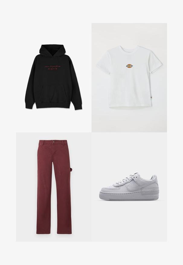Sudadera negra de tela suave, con un bolsillo frontal, puños acanalados y texto bordado en rojo con acentos de flores en el pecho.; Camiseta blanca de algodón con un logo redondo y acentos multicolores. Mangas cortas y un cuello redondo, con una pequeña etiqueta en el dobladillo.; Pantalones rectos burdeos de algodón, con cintura abotonada y bolsillo lateral. Textura suave, con un diseño clásico y sin estampados.; Zapatilla Nike Air Force 1 gris con puntera perforada, parte superior de cuero suave, suela gruesa y detalle en relieve 'AIR' en el talón.