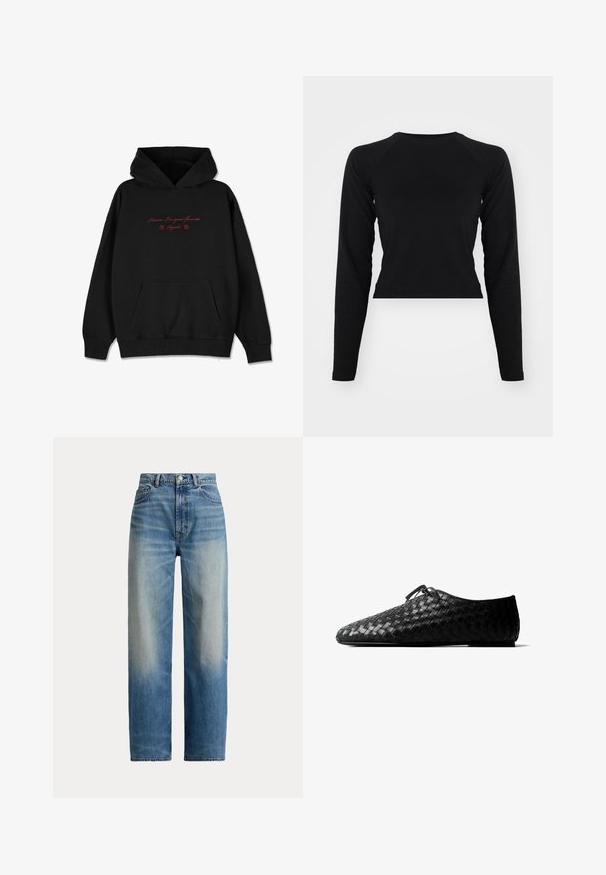 Must musta, mis on pehmest kangast, esiküljel taskuga, ribitud varrukatega ja punase tikandiga teksti ning lillede aktsentidega rinnal.; Must have pikka varrukatega must lühike topp, ümmargune kaelus. Sile tekstuur, minimalistlik disain, ilma nähtavate mustrite või metalldetailideta.; Kõrge vöökohaga sirgete sääreosadega sinised teksapüksid, tuhmunud esikülje ja klassikalise viie tasku disainiga, kinnitub nööbi ja tõmblukuga.; Mustast punutud nahast tasane jalanõu terava kannaga ja väikese paelaga peal, külgprofilis valgel taustal.