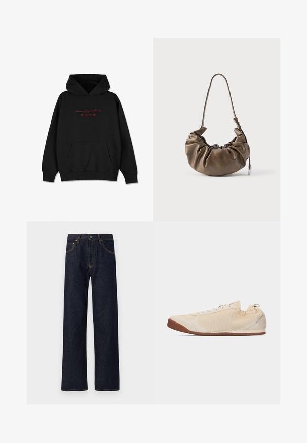 Zwarte hoodie van zacht materiaal, met een voorzak, geribbelde manchetten en rode geborduurde tekst met bloemaccenten op de borst.; Donkerblauwe jeans met rechte pijpen, zichtbare oranje stiksels, knoopsluiting aan de voorkant en vijf zakken, getoond tegen een witte achtergrond.; Beige lage sneaker met suède accenten, vetersluiting en bruine rubberen zool, zijaanzicht op een lichte achtergrond.; Bruine leren tas met een geplooid ontwerp, zachte textuur, enkele verstelbare riem en een zilveren accent. Compacte, afgeronde vorm.