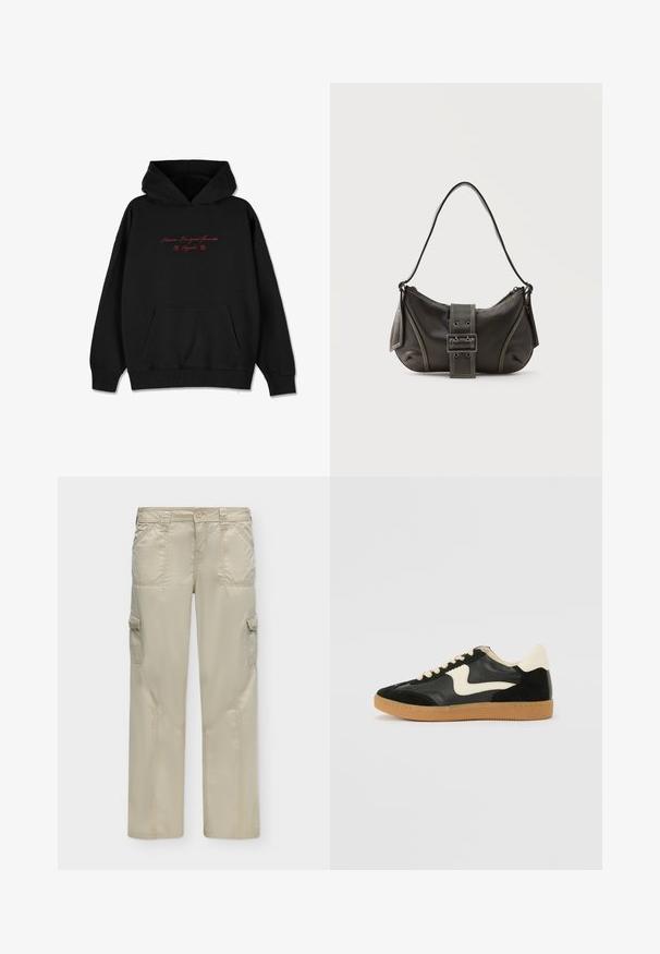 Sudadera negra de tela suave, con un bolsillo frontal, puños acanalados y texto bordado en rojo con acentos de flores en el pecho.; Pantalones cargo beige con bolsillos delanteros, bolsillos laterales con solapas, trabillas para cinturón, cierre con botón y detalles de costuras visibles.; Zapatillas de deporte de ante y cuero negro con un swoosh lateral en crema y un talón en crema claro. Presenta cordones beige y una suela de goma marrón.; Bolso de hombro de cuero negro con detalle de correa con hebilla, bordes curvos y costuras blancas en contraste sobre un fondo liso.