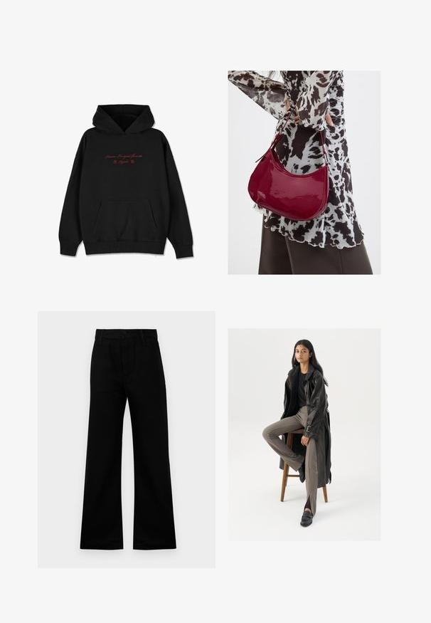 Zwarte hoodie van zacht materiaal, met een voorzak, geribbelde manchetten en rode geborduurde tekst met bloemaccenten op de borst.; Zwarte wijde broek van gladde stof met een hoge taille, voorzien van een knoopsluiting en riemlussen, en biedt een gestructureerde pasvorm.; Zwarte leren trenchcoat met knopen en riemdetails, gecombineerd met lichtbruine getailleerde broek en zwarte loafers, zittend op een houten kruk.; Vrouw met een zwart-wit gebloemde blouse houdt een glanzende rode schoudertas vast tegen een effen achtergrond.