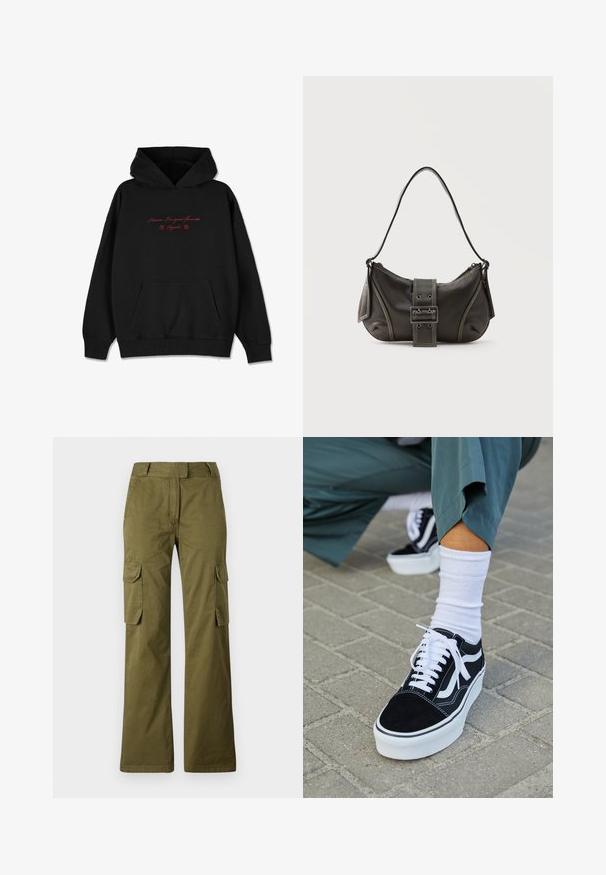 Zwarte hoodie van zacht materiaal, met een voorzak, geribbelde manchetten en rode geborduurde tekst met bloemaccenten op de borst.; Olijfgroene cargobroek van een katoenmix, met een rechte pijp, twee zijzakken en een knoopsluiting bij de taille.; Zwarte suède sneaker met witte accenten en veters, uitgerust met een dikke witte zool en contrasterende stiksels, gecombineerd met een witte sok.; Zwarte leren schoudertas met gespsluiting aan de riem, afgeronde hoeken en contrasterende witte stiksels op een effen achtergrond.