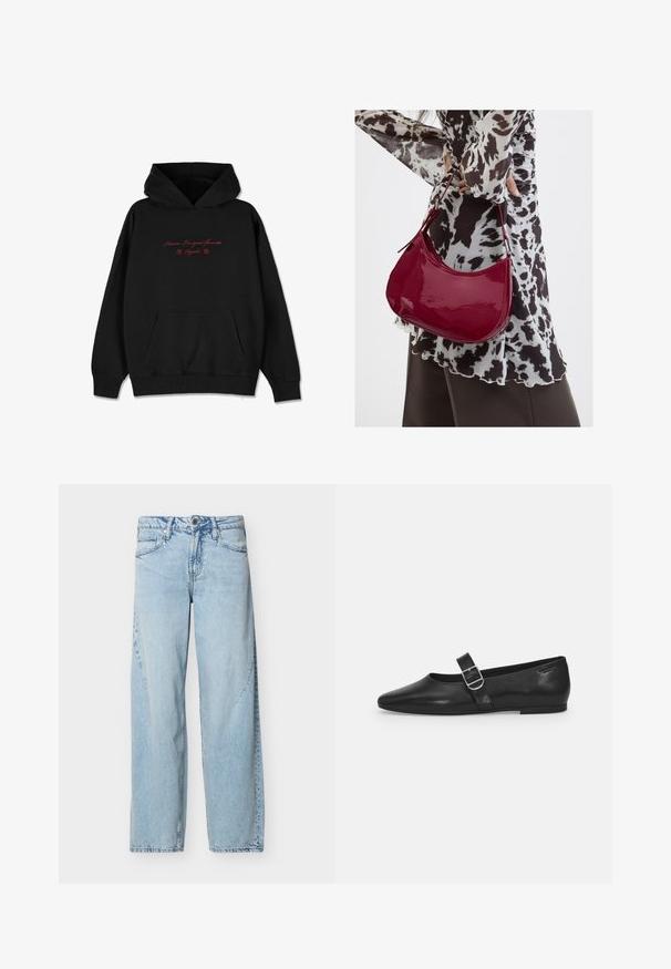 Hoodie noir en tissu doux, avec une poche avant, des bords côtelés, et un texte rouge brodé avec des accents floraux sur la poitrine.; Jean denim bleu clair à jambe droite avec poches avant, passants pour ceinture et fermeture par bouton sur fond blanc uni.; Chaussure plate en cuir noir avec un bout arrondi, une seule sangle réglable à boucle et une texture lisse et brillante. Design minimaliste avec un petit talon.; Femme portant un chemisier à motif noir et blanc tenant un sac à main rouge brillant sur un fond uni.