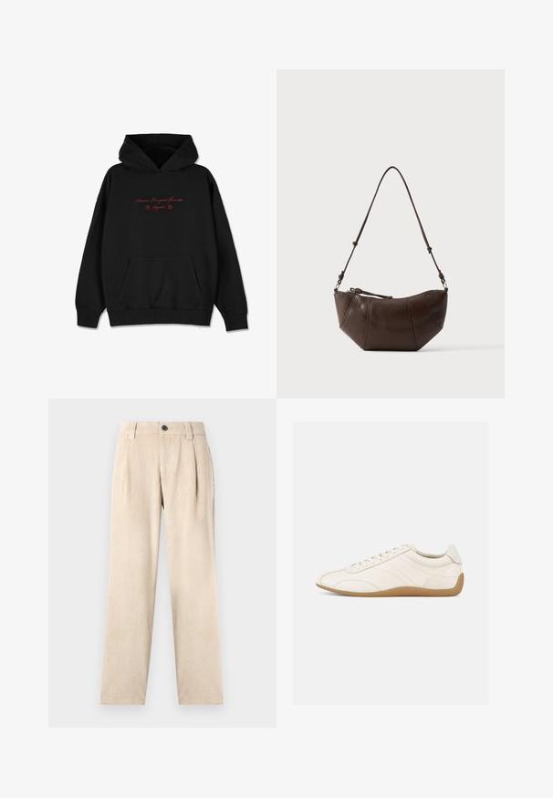 Hoodie noir en tissu doux, avec une poche avant, des bords côtelés, et un texte rouge brodé avec des accents floraux sur la poitrine.; Pantalons en velours côtelé beige, à jambes droites, avec passants de ceinture, plis à l'avant, poches et fermeture à bouton noir à la taille.; Baskets en cuir blanc à texture lisse, bout arrondi et coutures ton sur ton. Elles comportent une semelle en caoutchouc beige et une fermeture à lacets.; Sac à bandoulière en cuir marron avec un fond incurvé et une sangle réglable sur un fond clair uni.