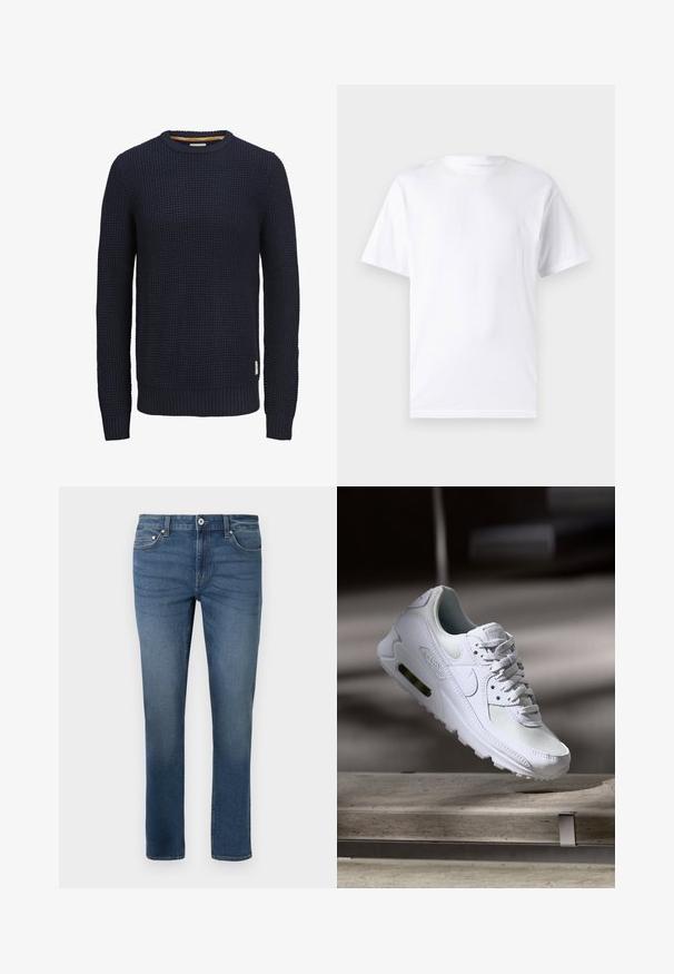 Jersey de punto azul marino de manga larga con cuello redondo, patrón texturizado tipo waffle y puños y dobladillo acanalados.; Camiseta blanca de manga corta hecha de algodón con cuello redondo, que presenta una textura suave y un diseño simple sin patrones ni acentos.; Jeans de denim azul con un diseño de pierna recta, que cuenta con estilo de cinco bolsillos y un ligero deslavado. Incluye un cierre frontal con botón y cremallera.; Zapatilla Nike Air Max 90 blanca con parte superior de malla y cuero, caja de puntera perforada y unidad de aire visible en el talón.