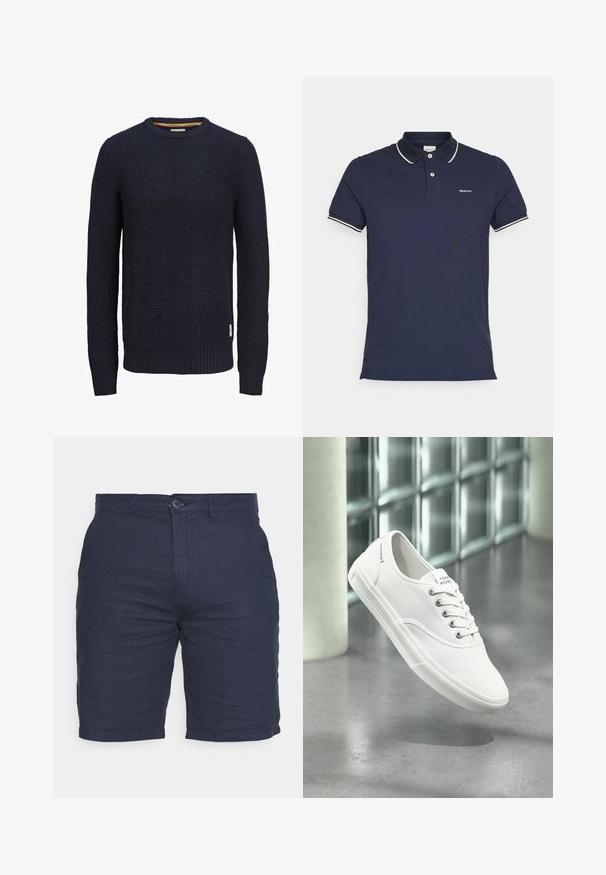 Marineblå strikket langærmet crewneck-trøje med tekstureret vaffelmønster og ribkant ved ærmer og kant.; Marineblå polo skjorte med korte ærmer, kontrasterende hvid kravekant og et lille broderet logo på brystet. Lavet af bomuldsstof.; Mørkeblå shorts lavet af textured stof med knaplukning, har flad front og sidelommer, designet til en afslappet pasform.; Hvid lavtop lærredssneaker med snørebånd, mærket Tommy Hilfiger, vist svævende over en glat grå gulv nær en væg af glasblokke.