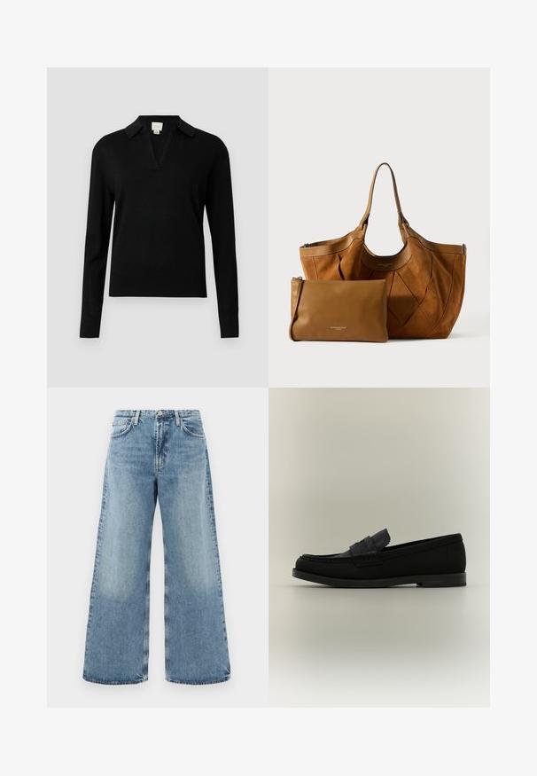 Sort langærmet sweater med V-hals og kravedesign. Lavet af et blødt materiale og med ribbede manchetter og kant for ekstra tekstur.; Lysblå denimwide-leg jeans med høj talje, traditionelt fem-lomme design, synlige sømme og en rå kant.; Sort læder penny loafer med lav hæl, moc-toe-syning og en klassisk rem tværs over vampen, vist på en neutral baggrund.; Brun ruskind tote taske med plisseret design, som inkluderer en glat brun læder clutch, begge med enkel branding og læderstropper.
