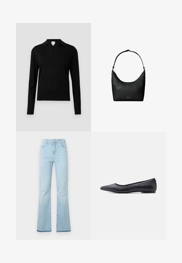 Pull noir à manches longues avec un col en V et un design col. Fabriqué dans un matériau doux, avec des poignets et un ourlet côtelés pour plus de texture.; Jean flare bleu clair en denim, avec une taille haute, des poches avant et un ourlet brut au niveau des poignets pour un look décontracté.; Chaussure plate en cuir noire à bout pointu avec petit talon, vue de profil sur fond blanc.; Sac à bandoulière en cuir noir texturé avec une sangle unique et un petit logo Calvin Klein au centre avant.
