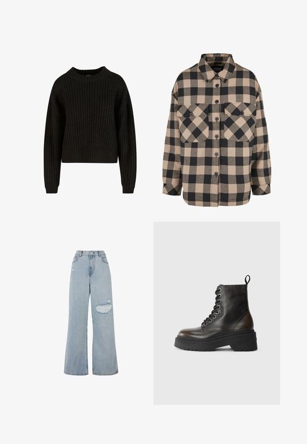 Sort strikket trøje med ribbet tekstur, rund halsudskæring og lange ærmer. Afkortet design med en løs pasform. Ingen synlige mønstre eller metaldele.; Rutet flannel skjorte i beige og mørkegrå. Har en knap-ned front, to brystlommer og en nedfoldet krave. Løs pasform.; Lysvasket denim wide-leg jeans med høj talje, slidte områder og en rå kant. Blød tekstur med en løs pasform.; Sorte læder ankelstøvler med snørebånd, tyk sort sål og en løkke bagpå, prydet med præget mærkenavn på hælen.