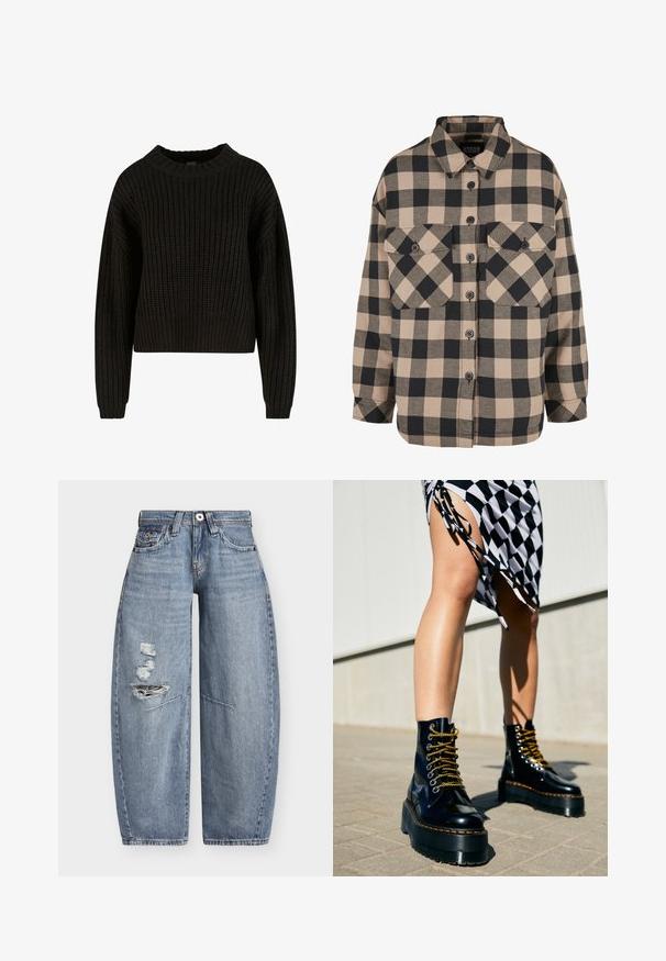 Sort strikket trøje med ribbet tekstur, rund halsudskæring og lange ærmer. Afkortet design med en løs pasform. Ingen synlige mønstre eller metaldele.; Rutet flannel skjorte i beige og mørkegrå. Har en knap-ned front, to brystlommer og en nedfoldet krave. Løs pasform.; Blå denim jeans med vide ben, høj talje og slidte revner på venstre lår, med forlommer og bæltestropper.; Sorte læder platform støvler med chunky såler, guld snørebånd og orange syninger, kombineret med en ternet nederdel med en sideslids.