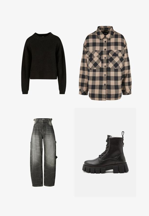 Sort strikket trøje med ribbet tekstur, rund halsudskæring og lange ærmer. Afkortet design med en løs pasform. Ingen synlige mønstre eller metaldele.; Rutet flannel skjorte i beige og mørkegrå. Har en knap-ned front, to brystlommer og en nedfoldet krave. Løs pasform.; Sorte jeans med vide ben, høj talje, forlommer og bæltestropper, med en lomme detalje på højre ben.; Sorte læder ankelstøvler med en kraftig gummisål, rund tå, snørebånd fortil og en løkke bagerst for nem påtagning.