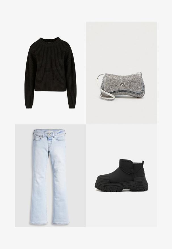 Pull en tricot noir à texture côtelée, col rond et manches longues. Design court avec une coupe ample. Pas de motifs ni de matériel visible.; Jean évasé en denim bleu clair à taille haute, avec fermeture à boutons, cinq poches et un léger effet froissé au niveau des hanches.; Bottes noires à chevilles en matériau synthétique, avec un col rembourré, une semelle épaisse texturée et un minimum de marquage sur le côté.; Sac pochette argenté en matériau texturé, présentant un design incurvé, une fine sangle blanche et un logo métallique en accent sur le devant.