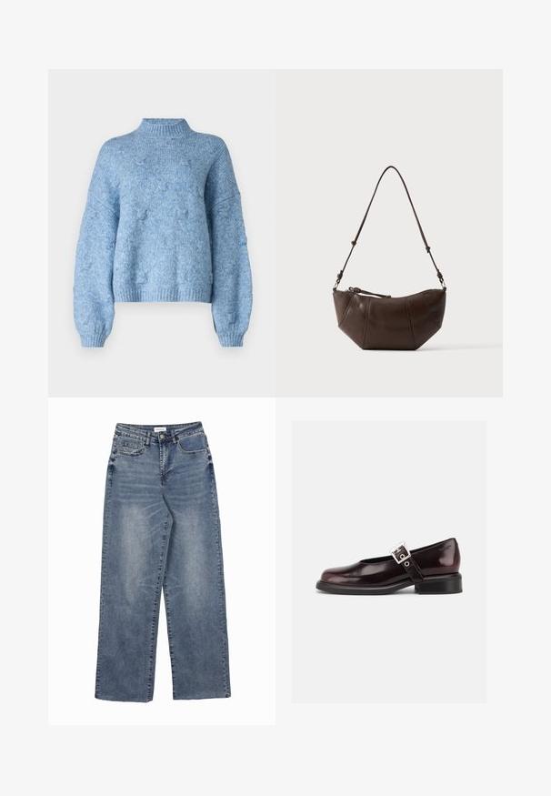 Vero Moda Knitted VMGAIL Knitted - Πουλόβερ - allure; Μπλε τζιν με φαρδιά παντελόνη, μπροστινές και μικρές τσέπες, κλείσιμο με κουμπί και ξεθωριασμένες λεπτομέρειες στο πλύσιμο.; Μονή γυαλιστερή σκούρα μπορντό Mary Jane παπούτσι με φαρδιά λουρίδα και ασημένια αγκράφα, χαμηλό τακούνι block και στρογγυλεμένη μύτη σε λευκό φόντο.; Καφέ δερμάτινη τσάντα ώμου με καμπύλο κάτω μέρος και ρυθμιζόμενο ιμάντα σε απλό ανοιχτό φόντο.