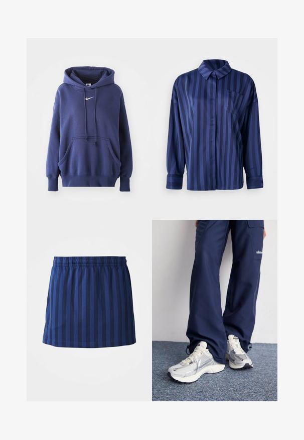 Marineblauwe hoodie, gemaakt van een zachte katoenmix, met een voorzak, een trekkoordkap en een wit Nike-logo op de borst.; Marineblauw gestreepte shirt met kraag, borstzak en lange mouwen. Gemaakt van een gladde, glanzende stof met een losse pasvorm.; Marineblauwe rok met verticale strepen, elastische tailleband, lengte tot halverwege het bovenbeen, gemaakt van lichte stof, gladde textuur.; Nike hardloopschoenen met een zilveren mesh bovenkant, witte accenten en structuurzolen, gecombineerd met luchtige navy broeken.