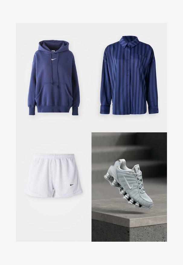 Hoodie bleu marine en mélange de coton doux, avec une poche avant, un capuche à cordon de serrage et un logo Nike blanc sur la poitrine.; Chemise rayée bleu marine avec col, poche poitrine et manches longues. Fabriquée en tissu lisse et brillant avec une coupe ample.; Shorts de sport blancs à côtes avec une taille élastique et un petit logo Nike noir en bas à gauche. Design simple et minimaliste.; Chaussure de course Nike gris clair avec une semelle amortissante en forme de ressort flottant au-dessus d'un rebord en béton, arrière-plan d'escalier flou.