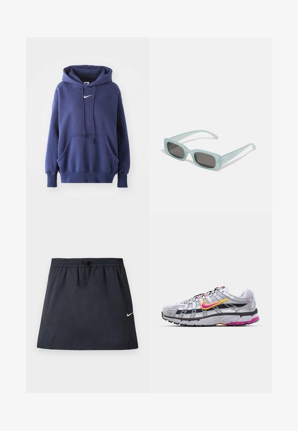 Hoodie bleu marine en mélange de coton doux, avec une poche avant, un capuche à cordon de serrage et un logo Nike blanc sur la poitrine.; Jupe de sport noire avec taille élastique et cordon de serrage ajustable, présentant un petit logo Nike swoosh blanc sur le côté droit.; Baskets de course en mesh gris avec un swoosh distinctif rose et jaune, accents noirs et une semelle en caoutchouc texturé. Comprend un embout renforcé et un col rembourré.; Une paire de lunettes de soleil rectangulaires avec des montures translucides bleu clair et des verres gris foncé, présentant des branches droites et des détails matériels minimaux.