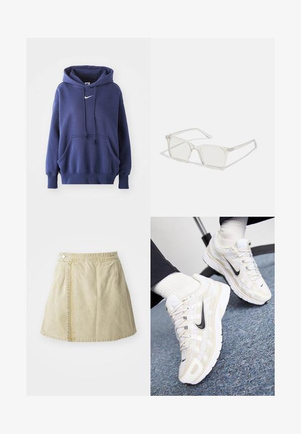 Hoodie bleu marine en mélange de coton doux, avec une poche avant, un capuche à cordon de serrage et un logo Nike blanc sur la poitrine.; Jupe mini kaki en tissu doux, avec une fermeture à bouton sur le côté, une texture lisse et une silhouette légèrement évasée avec une ourlet au-dessus du genou.; Des baskets Nike blanches et beiges avec une tige en mesh, un revêtement texturé, un swoosh noir et une semelle rembourrée avec une semelle extérieure antidérapante.; Lunettes carrées en plastique transparent avec des verres translucides, dotées d'accents dorés sur les branches pour plus de détails.