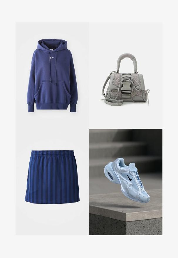 Dunkelblauer Kapuzenpullover aus weichem Baumwollmix, mit einer Fronttasche, Kordelzugkapuze und weißem Nike-Logo auf der Brust.; Marineblauer Rock mit vertikalen Streifen, elastischer Taille, mittellange Länge, aus leichtem Stoff, glatte Textur.; Hellblauer Sportschuh mit Netzpaneelen, abgerundeter Silhouette, strukturierten Akzenten und schwarzem Logo. Verfügt über sichtbare Luftdämpfung in der Sohle.; Grau strukturierte Handtasche mit gepolstertem Griff, Netzelementen, verstellbarem Schulterriemen und einem vorderen Verschluss. Kompaktes Design mit abgerundeter Form.