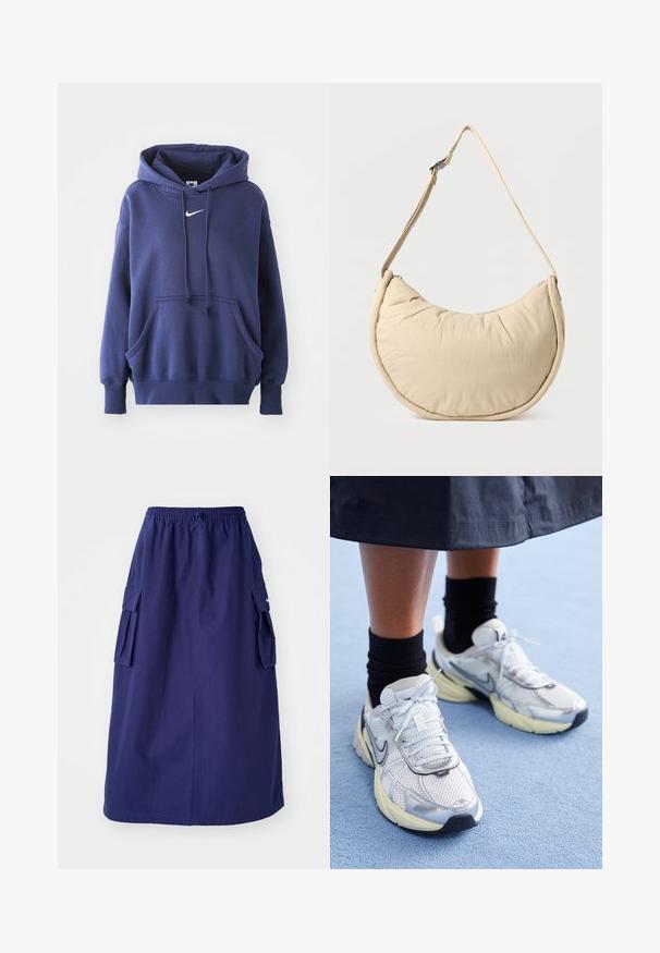 Mørkeblå hoodie lavet af blødt bomuldsblandingsmateriale, med en frontlomme, snøre i hætten og hvidt Nike-logo på brystet.; Marineblå, mellemlang nederdel med elastisk talje, der har to sidelommer og et minimalistisk logodesign. Glat stofstruktur.; Hvide og sølv Nike sneakers med mesh-stof, reflekterende detaljer og en beige sål. Bæres med sorte sokker og står på en blå overflade.; Beige skuldertaske i halvmåneform med en blød, polstret overflade. Har justerbar rem og lynlås langs den øverste kant.
