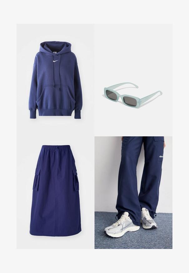 Tumed sinine kapuutsiga sviiter, mis on valmistatud pehmest puuvillasegistusest. Omab eesmise tasku, reguleeritavat kapuutsi ja valget Nike logo rinnal.; Tumedat sinine, keskpikk seelik elastse vöökohtaga, millel on kaks külgmist cargo-taskut ja minimaalne logo detail. Sile kangastekstuud.; Nike spordijalatsid hõbedase võrkkanga ülaosaga, valgete aktsentidega ja tekstuuriga tallad, koos laia lõikega tumesiniste pükstega.; Kaks ümmargust päikeseprilli, millel on helesinised poolläbipaistvad raamid ja tumehallid objektiivid, sirged tempud ja minimaalsete detailidega riistvara.