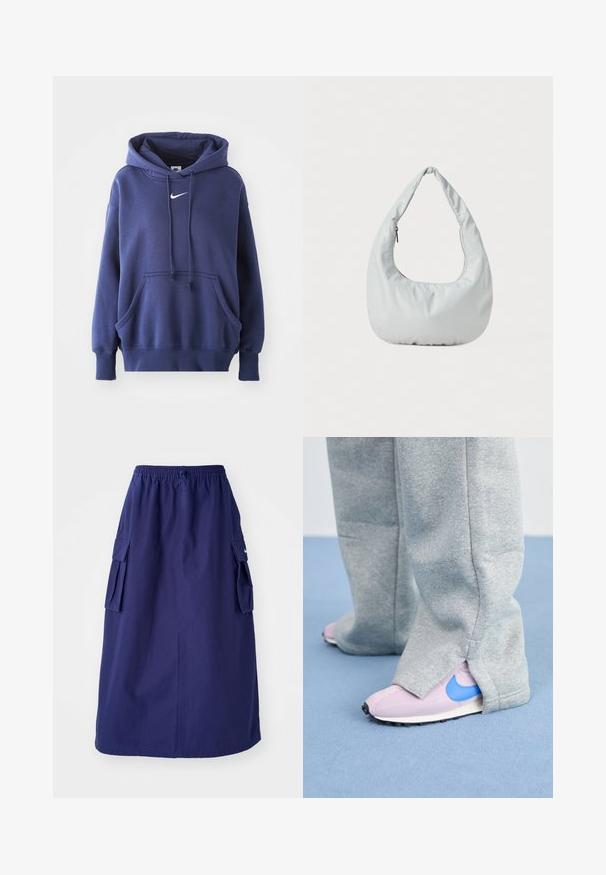 Mørkeblå hoodie lavet af blødt bomuldsblandingsmateriale, med en frontlomme, snøre i hætten og hvidt Nike-logo på brystet.; Marineblå, mellemlang nederdel med elastisk talje, der har to sidelommer og et minimalistisk logodesign. Glat stofstruktur.; Grå sweatpants dækker lyserøde sneakers med en blå Nike swoosh, der har et struktureret stof og en kontrasterende sål.; Blød, lys grå hobo-taske lavet af syntetisk materiale. Har et enkelt polstret håndtag og en lynlåslomme på siden.