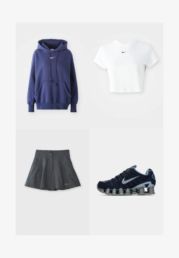 Mørkeblå hoodie lavet af blødt bomuldsblandingsmateriale, med en frontlomme, snøre i hætten og hvidt Nike-logo på brystet.; Hvid kortærmet t-shirt lavet af bomuld, med korte ærmer og rund halsudskæring, og med et sort Nike-logo på brystet.; Grå skort lavet af tekstureret stof med en taljebutton-lukning, der har to sidelommer og et subtilt broderet logo i kanten.; Mørkeblå og sølv atletiske sko med segmenteret polstret sål og sølv Nike swoosh på siden, vist i højre profil på hvid baggrund.