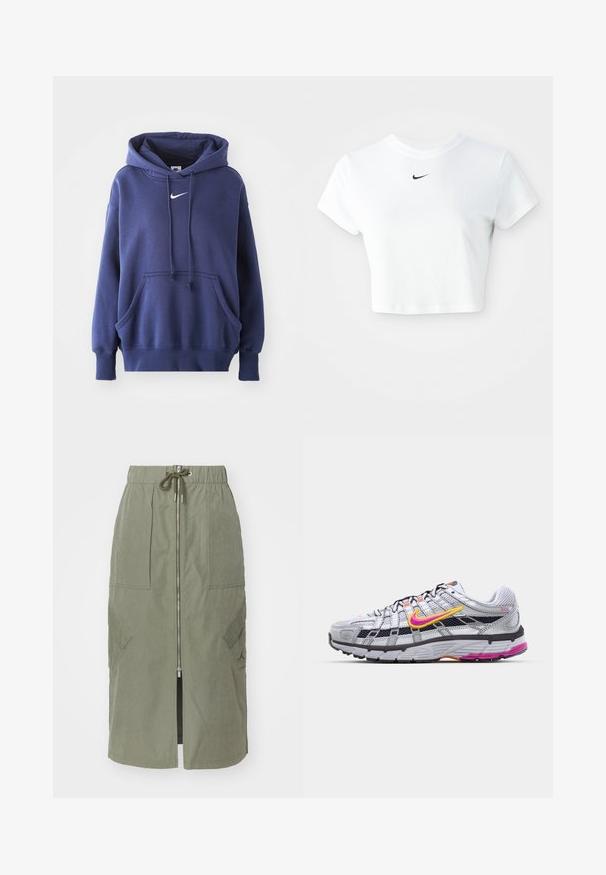 Mørkeblå hoodie lavet af blødt bomuldsblandingsmateriale, med en frontlomme, snøre i hætten og hvidt Nike-logo på brystet.; Hvid kortærmet t-shirt lavet af bomuld, med korte ærmer og rund halsudskæring, og med et sort Nike-logo på brystet.; Oliven grøn midi-skjørt lavet af letvægtsstof, med en front lynlås, elastisk talje og store sidelommer med vinkelformede klapper.; Grå mesh løbesko med en karakteristisk pink og gul swoosh, sorte accenter og en tekstureret gummisål. Har forstærket tå og polstret krave.