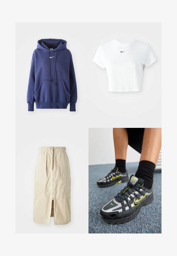Marineblauwe hoodie, gemaakt van een zachte katoenmix, met een voorzak, een trekkoordkap en een wit Nike-logo op de borst.; Witte cropped T-shirt van katoen, met korte mouwen en een ronde halslijn, voorzien van een zwart Nike-logo op de borst.; Beige, middellange rok van lichtgewicht stof. Heeft een rits aan de voorkant, een elastische tailleband en zijzakken met hoekige ontwerpen.; Zwarte en grijze sport schoenen met reflecterende zilveren accenten, gestructureerde meshpanelen en felgele details. Vetersluiting met een gestructureerde zool.