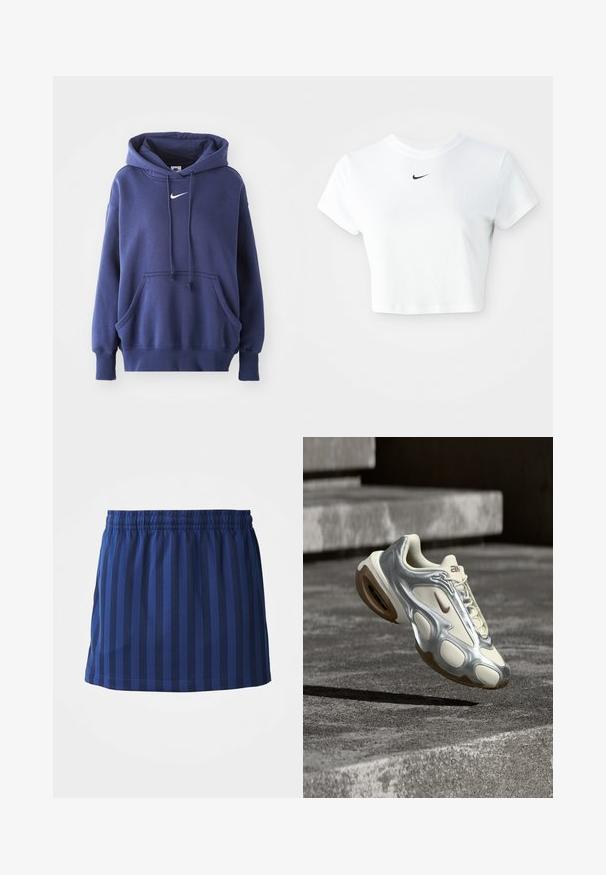 Hoodie bleu marine en mélange de coton doux, avec une poche avant, un capuche à cordon de serrage et un logo Nike blanc sur la poitrine.; T-shirt blanc court en coton, avec des manches courtes et un col rond, orné d'un logo Nike noir sur la poitrine.; Jupe bleu marine avec des rayures verticales, taille élastique, longueur mi-cuisse, fabriquée en tissu léger, texture lisse.; Baskets de sport crème et argent métallique flottant au-dessus de marches en béton, avec semelles en caoutchouc marron et logo Nike.