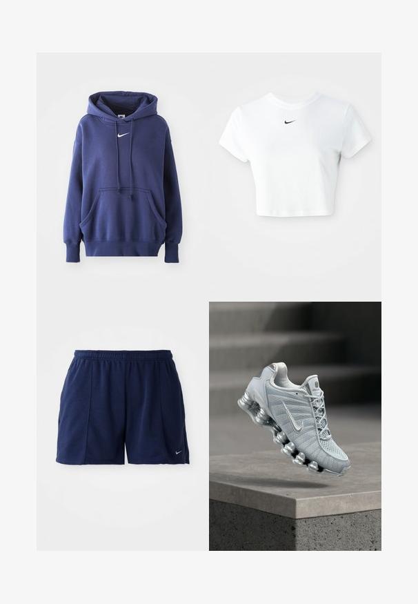 Marineblauwe hoodie, gemaakt van een zachte katoenmix, met een voorzak, een trekkoordkap en een wit Nike-logo op de borst.; Witte cropped T-shirt van katoen, met korte mouwen en een ronde halslijn, voorzien van een zwart Nike-logo op de borst.; Marineblauwe sportshorts gemaakt van zachte stof met een elastische tailleband; voorzien van zijzakken en een klein zilveren logo op de zoom.; Lichtgrijze Nike hardloopschoen met gedempte veerachtige zool die boven een betonnen richel zweeft, wazige trapachtergrond.