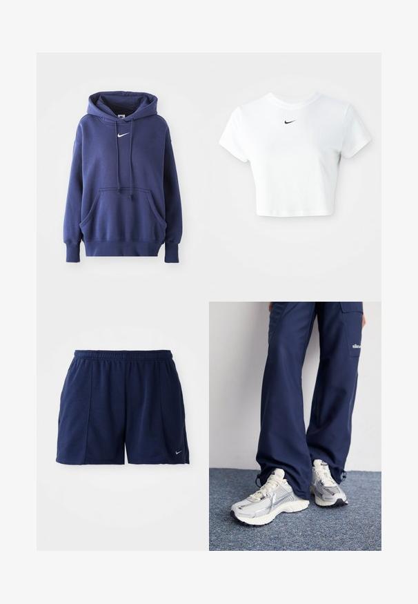 Mørkeblå hoodie lavet af blødt bomuldsblandingsmateriale, med en frontlomme, snøre i hætten og hvidt Nike-logo på brystet.; Hvid kortærmet t-shirt lavet af bomuld, med korte ærmer og rund halsudskæring, og med et sort Nike-logo på brystet.; Mørkeblå athletic shorts lavet af blødt stof med en elastisk talje; har sidelommer og et lille sølvlogo på kanten.; Nike sportssko med en sølvfarvet mesh-overdel, hvide detaljer og strukturerede såler, parret med løstsiddende navy bukser.