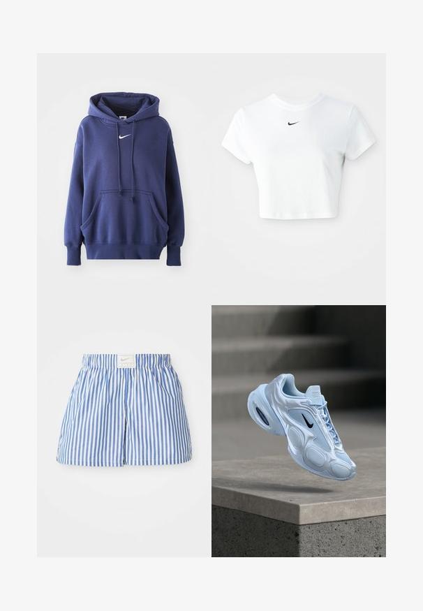 Marineblauwe hoodie, gemaakt van een zachte katoenmix, met een voorzak, een trekkoordkap en een wit Nike-logo op de borst.; Witte cropped T-shirt van katoen, met korte mouwen en een ronde halslijn, voorzien van een zwart Nike-logo op de borst.; Blauwe en witte gestreepte shorts met een elastische tailleband en een label met het Nike-logo. Gemaakt van lichtgewicht stof met een zachte textuur.; Lichtblauwe sportschoen met meshpanelen, afgeronde vorm, gestructureerde accenten en zwart logo. Voorzien van zichtbare luchtvering in de zool.