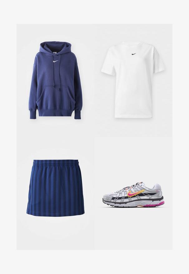 Marineblauwe hoodie, gemaakt van een zachte katoenmix, met een voorzak, een trekkoordkap en een wit Nike-logo op de borst.; Wit T-shirt met korte mouwen en een ronde hals, met een klein zwart Nike Swoosh-logo centraal vlakbij de kraag.; Marineblauwe rok met verticale strepen, elastische tailleband, lengte tot halverwege het bovenbeen, gemaakt van lichte stof, gladde textuur.; Grijze mesh hardloopschoen met een opvallende roze en gele swoosh, zwarte accenten en een gestructureerde rubberen zool. Kenmerkt zich door een verstevigde neus en een gevoerde kraag.