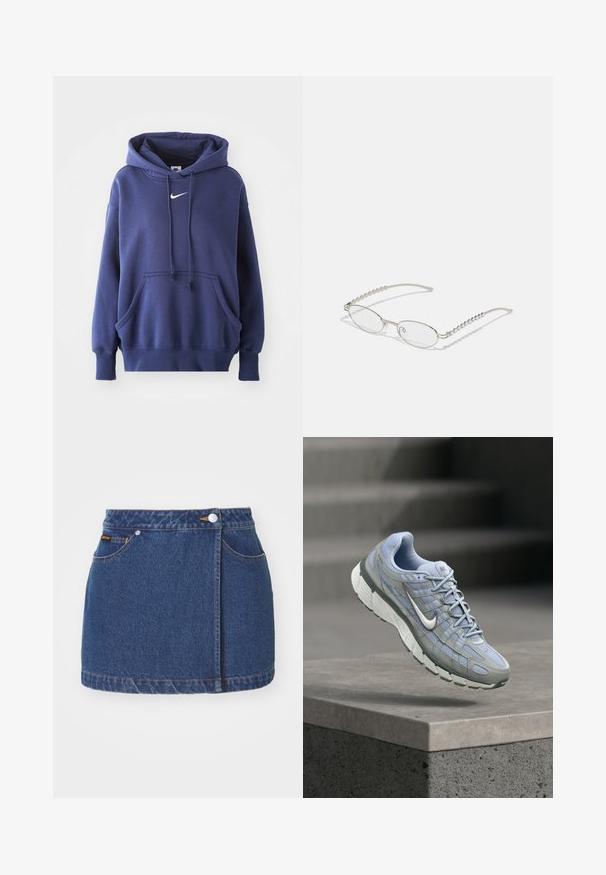 Marineblauwe hoodie, gemaakt van een zachte katoenmix, met een voorzak, een trekkoordkap en een wit Nike-logo op de borst.; Denim mini-rok, donkerblauw, met een voorste knoopsluiting, zijzakken en gele stiksels langs de zoom en naden.; Lichtblauwe en grijze Nike hardloopschoen zwevend boven een betonnen richel met een vervaagde trap op de achtergrond.; Ovale brillen met een metallic zilveren montuur, heldere glazen en getextureerde kraalaccenten op de tempels. Lichtgewicht ontwerp met gebogen armen.